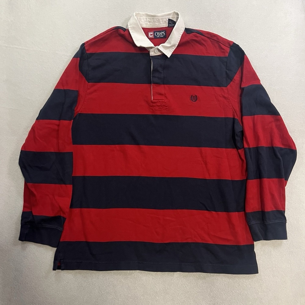 VTG CHAPS RALPH LAUREN Men's XL Rugby Shirt Long Sleeve Red Navy Striped Cotton